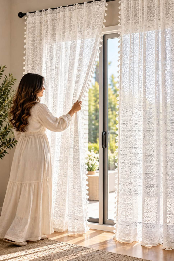 Elegant White Lace Net Curtains with Tassel Trim