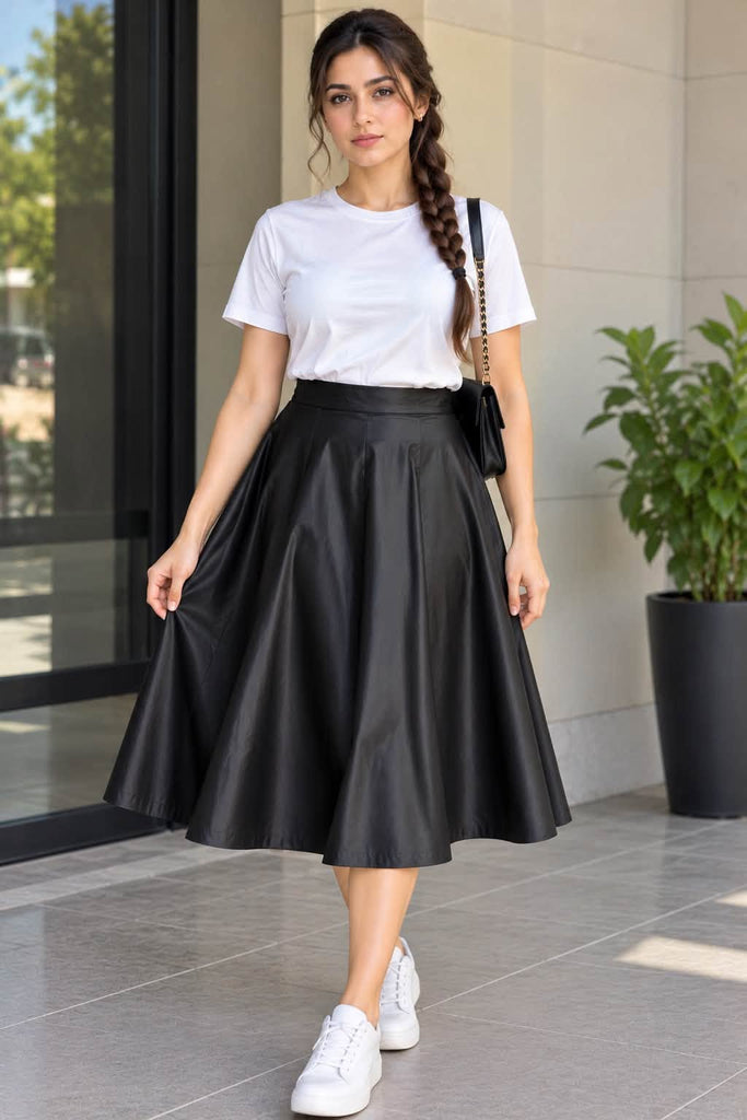 High-Waist Solid A-Line Skirt and Classic White T-Shirt